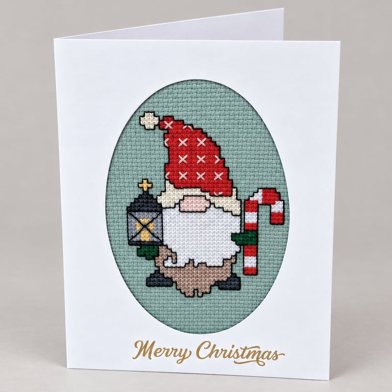 Handmade Cross Stitch Christmas Gonk Card with Lantern & Candy Cane – 6 x 4 Inch