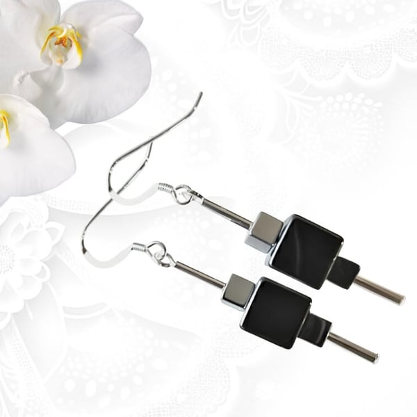Hematite & Silver Hematite Cube Beads Earrings With Sterling Silver Tubes