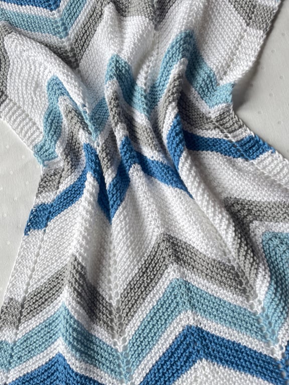 Blue and grey waves, hand knitted baby blanket.