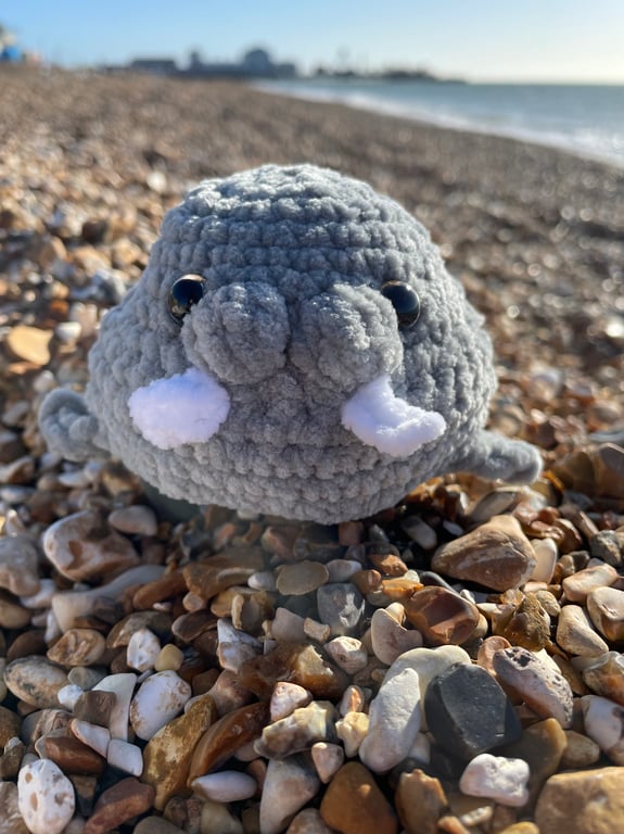 Handmade Crochet Grey Plushie Walrus: Soft Chenille Yarn