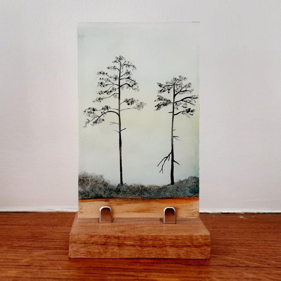 Hand painted enamel on fused glass  landscape panel, cedar trees