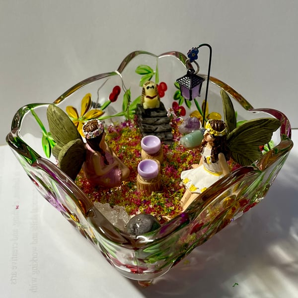 One-of-a-kind Fairy Garden Scene in Glass Bowl with Lights