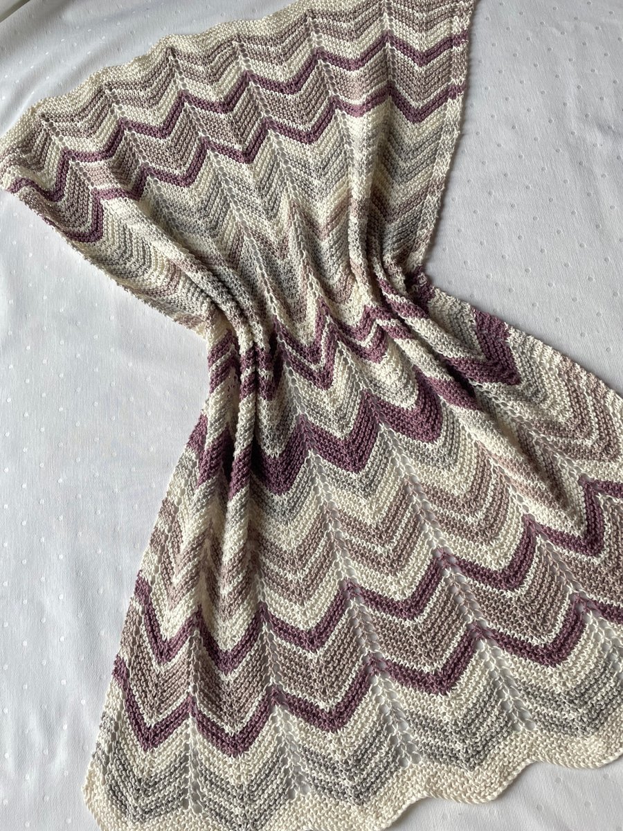 Vintage look, cream, grey and lilac baby blanket, knitted in 100% cotton yarn.