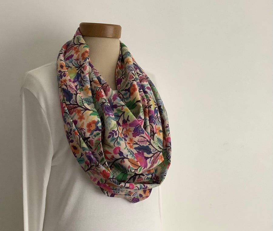COTTON  lawn infinity scarf. ' Tropics' . Multicoloured . Floral.
