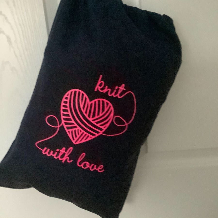 Knit With Love ,Large 100% cotton knitting Sack with drawstring.