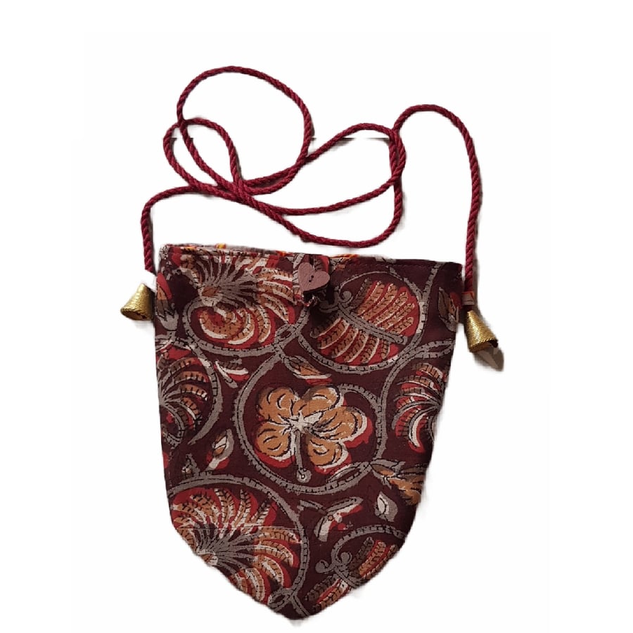 Indan block print crossbody bag: dark red with wine coloured strap