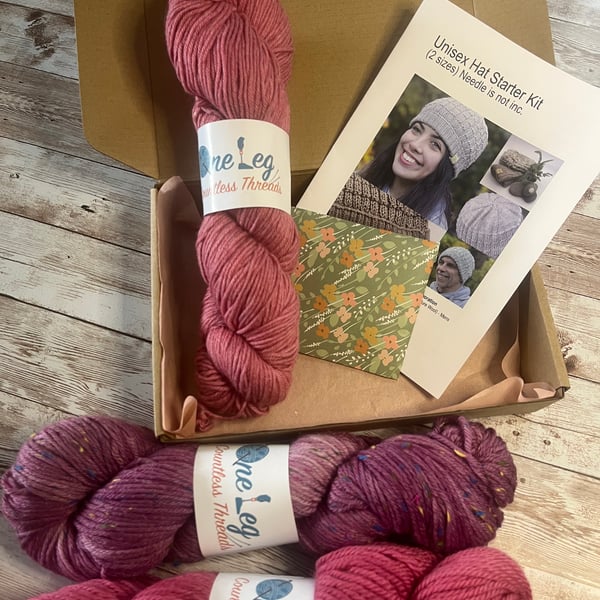 Hat knitting kit with one skein of hand dyed yarn