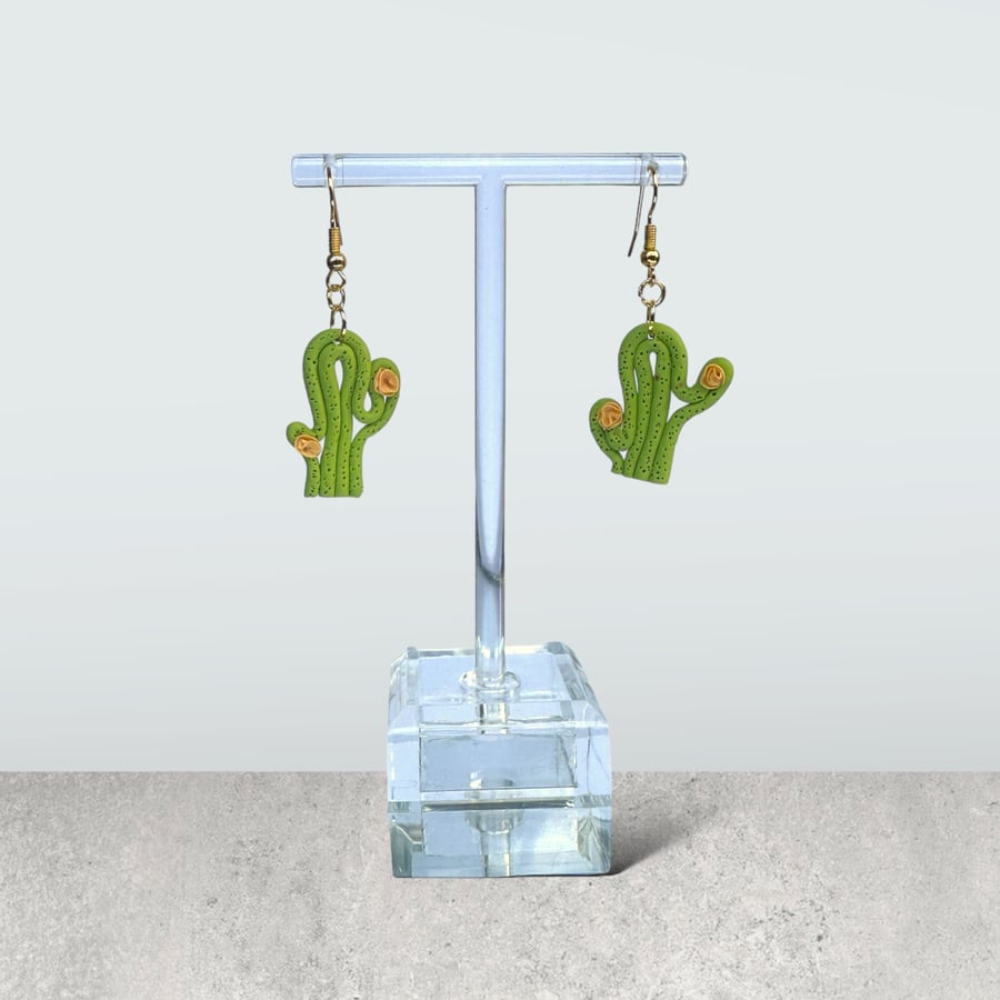 Cactus inspired dangle polymer earrings handmade cute cacti design green - peach