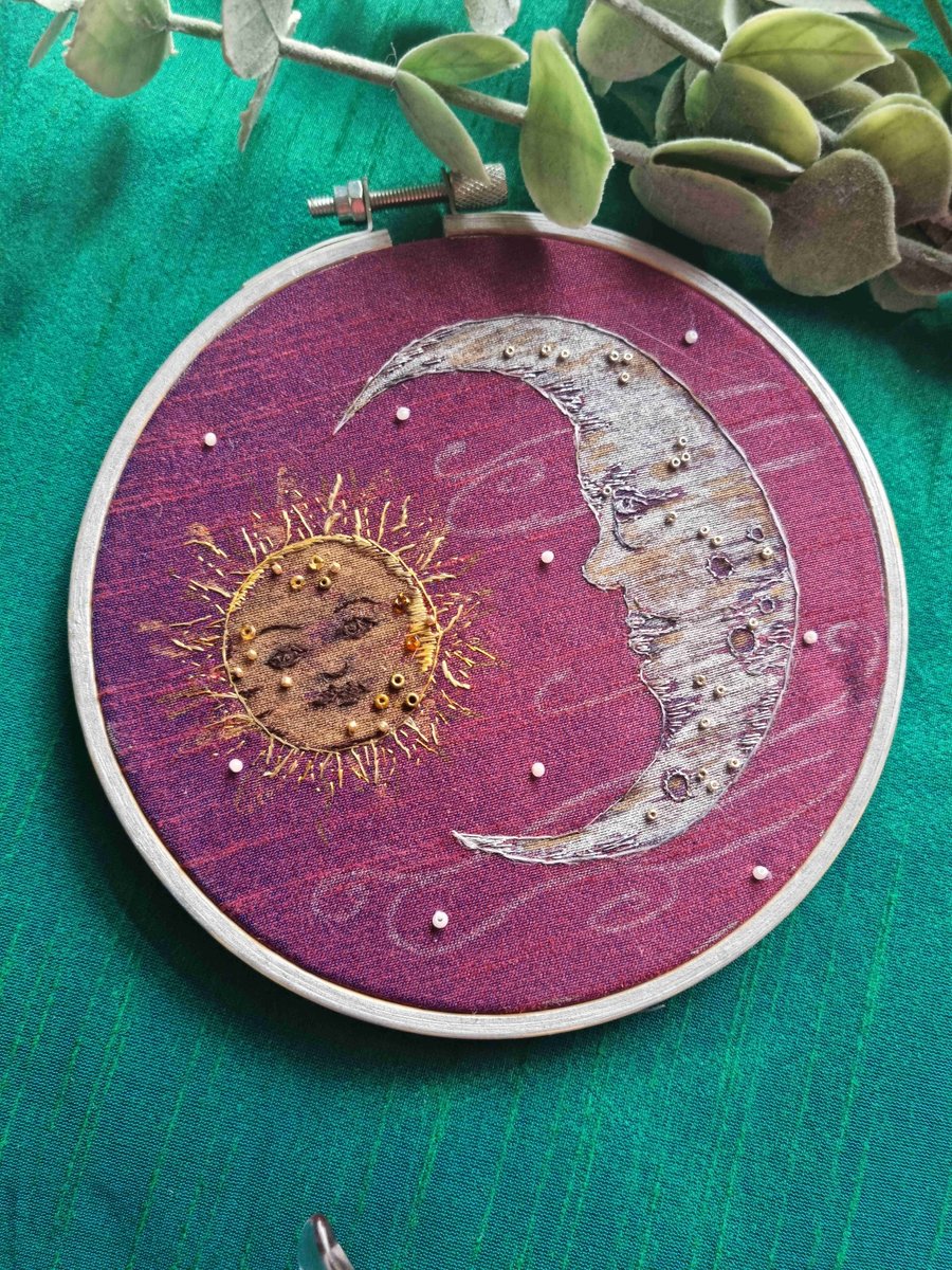 Hand Emboidered Sun and Moon Hoop