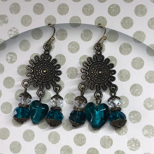 Teal Murano glass and crystal chandelier earrings