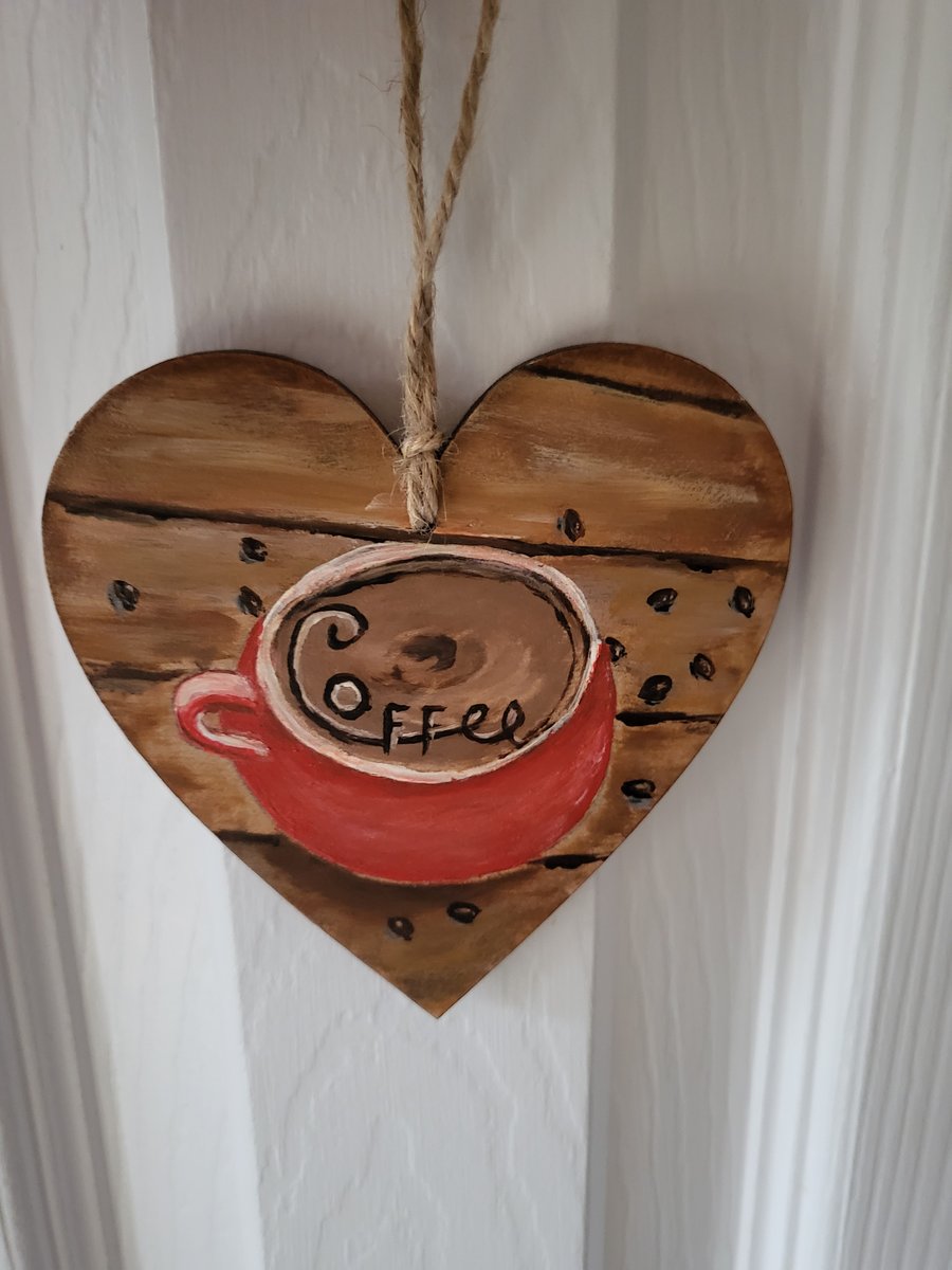 Original painted wooden pendant heart coffee