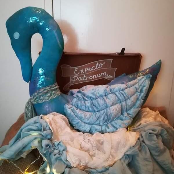 Primitive textile art swan sculpture, fairytale, magical swan, vintage style tex