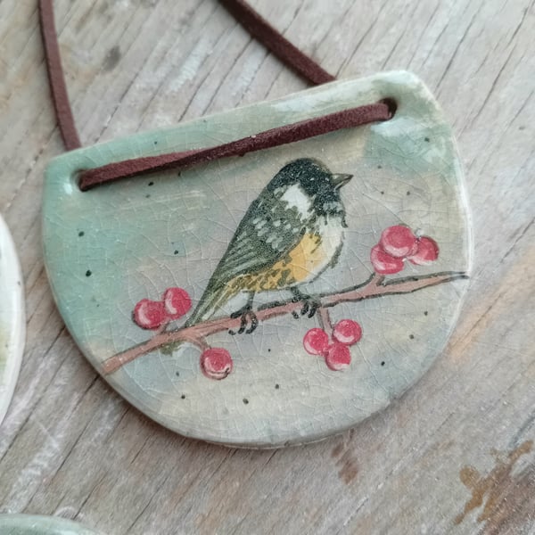 Great tit bird necklace pendant rustic porcelain clay yellow green crackle