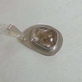Pendant in Sterling Silver with Freeform Gemstone of Rutilated  Quartz,
