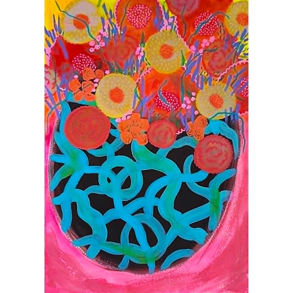 Large Modern Floral Painting Bright Coloured Abstract Still Life Flowers In Vase