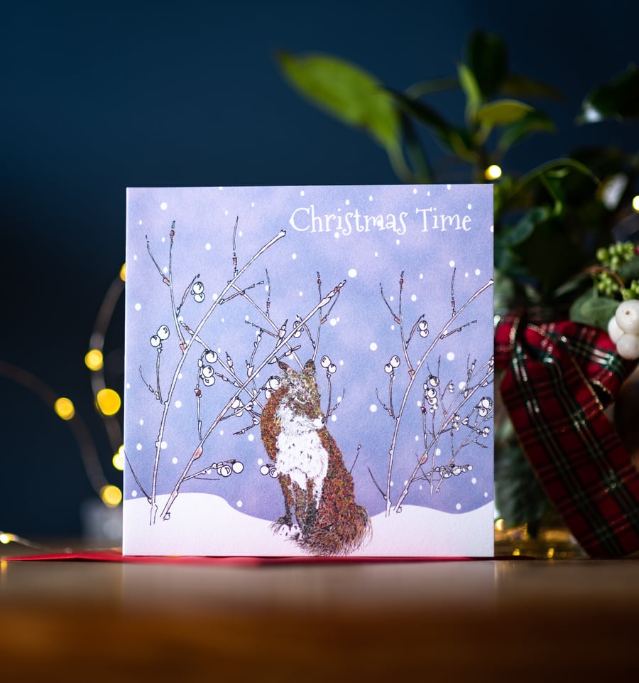 Christmas Snow scene Fox single greeting card