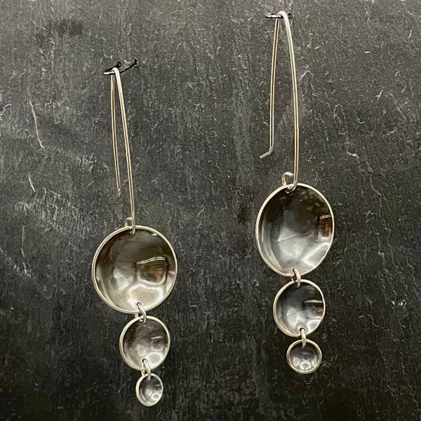 Handmade, Recycled Sterling Silver Earrings-3 Oxidised Disks