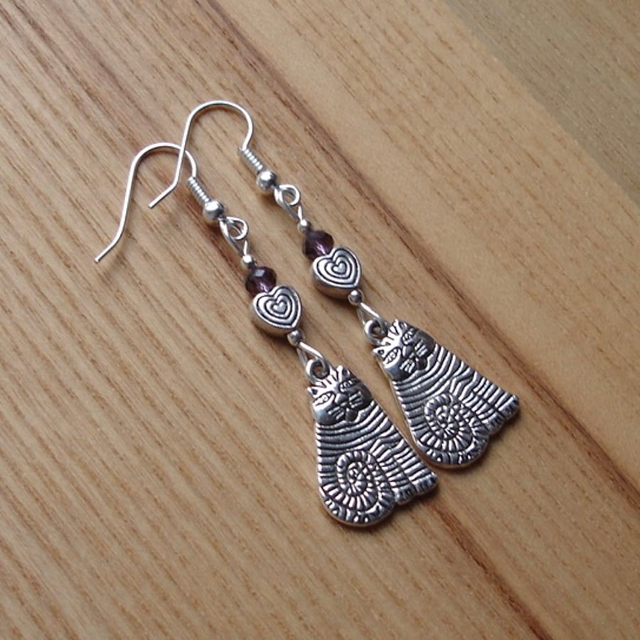 Violet Striped Cheshire Cat Charm Earrings - Gift for Her