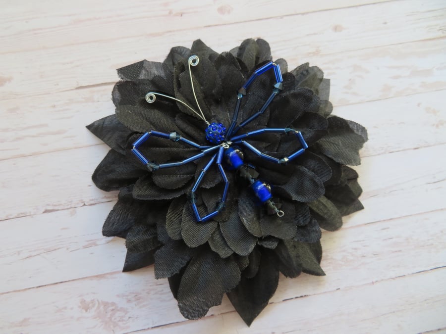 Cobalt Blue & Black Crystal Butterfly Bridal Brooch Corsage Buttonhole Wedding