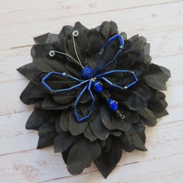 Cobalt Blue & Black Crystal Butterfly Bridal Brooch Corsage Buttonhole Wedding