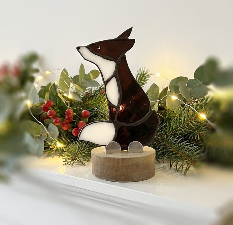 Stained Glass Fox on an Ash wood base