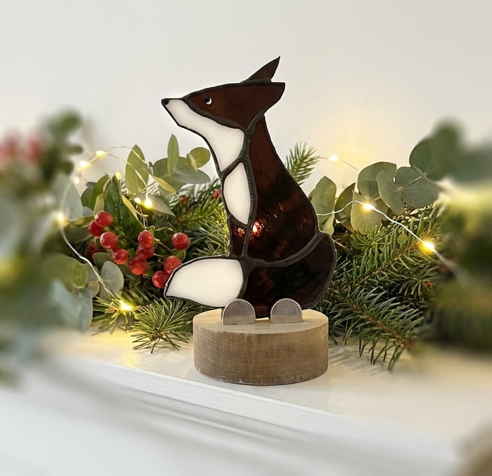 Stained Glass Fox on an Ash wood base