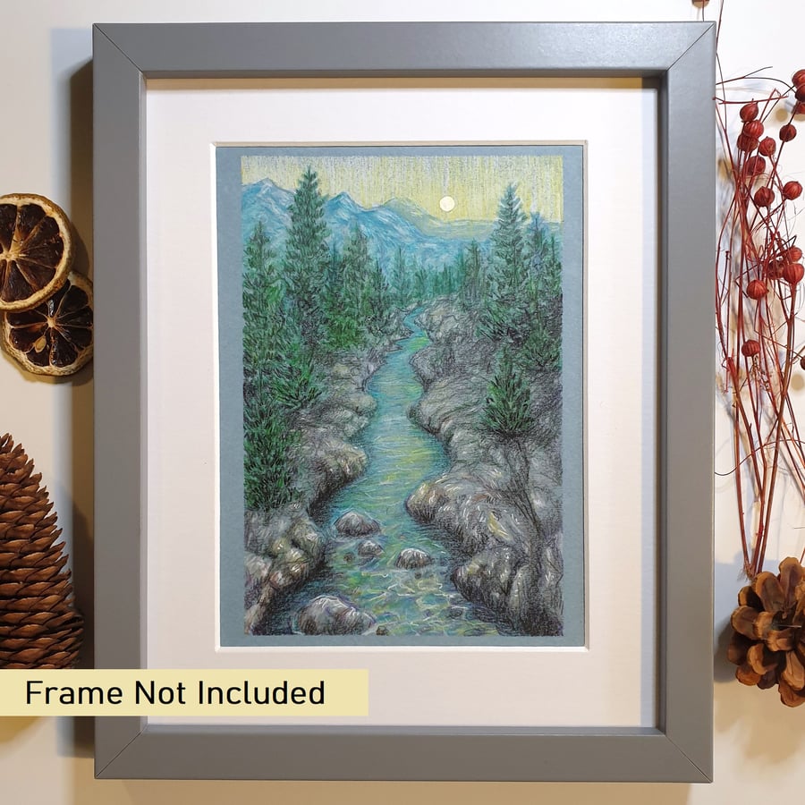 Mountain river landscape drawing, wall art, original artwork
