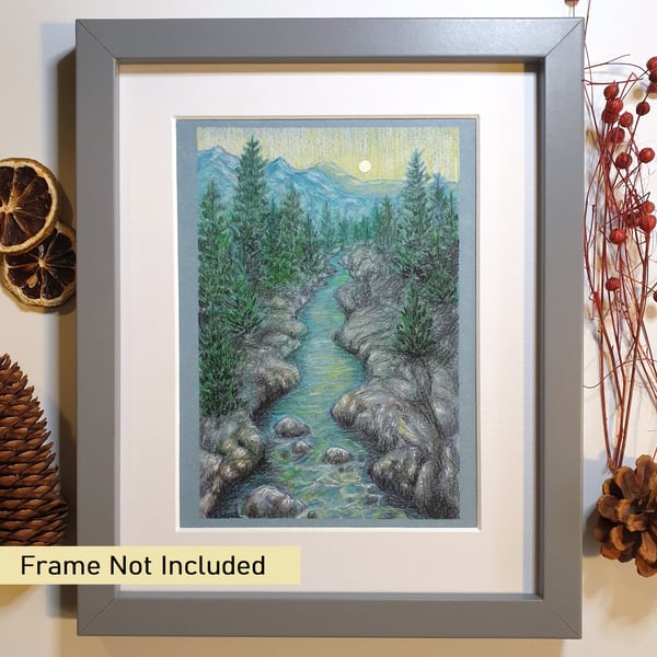 Mountain river landscape drawing, wall art, original artwork