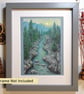 Mountain river landscape drawing, wall art, original artwork