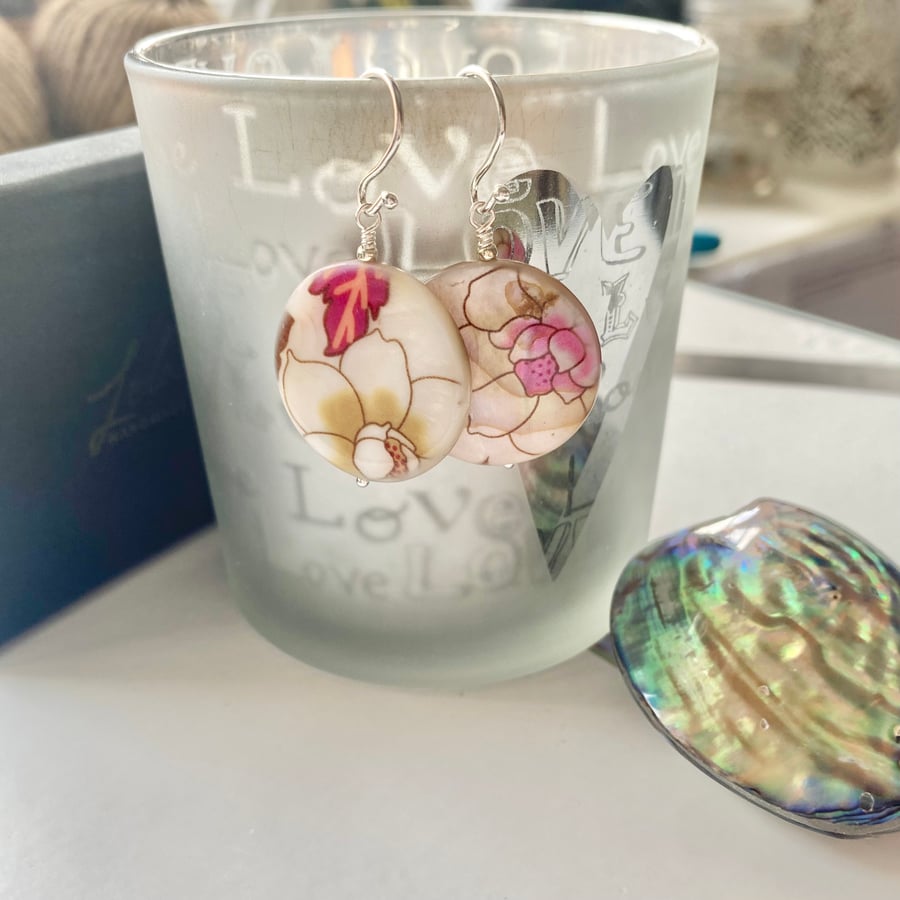 Floral printed shell sterling silver earrings