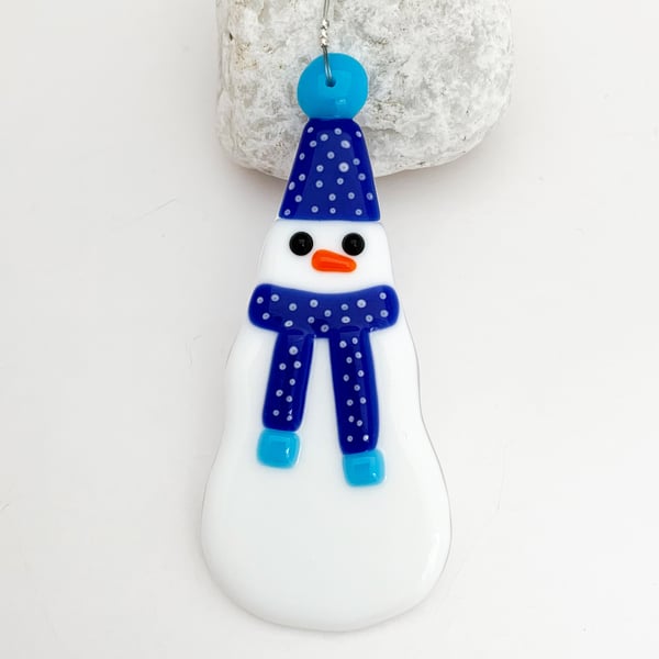 Fused Glass Blue Snowman - Handmade Glass Christmas Decoration