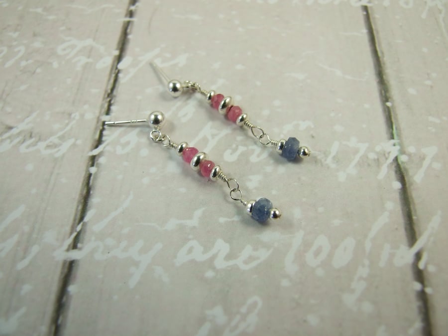 Earrings, Pink and Blue Sapphire with Sterling Silver 