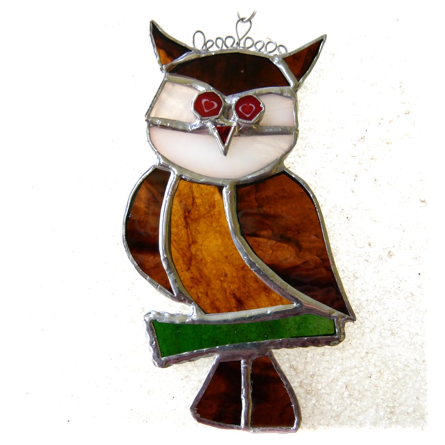 Cute Owl Stained Glass Suncatcher Handmade Bird Brown