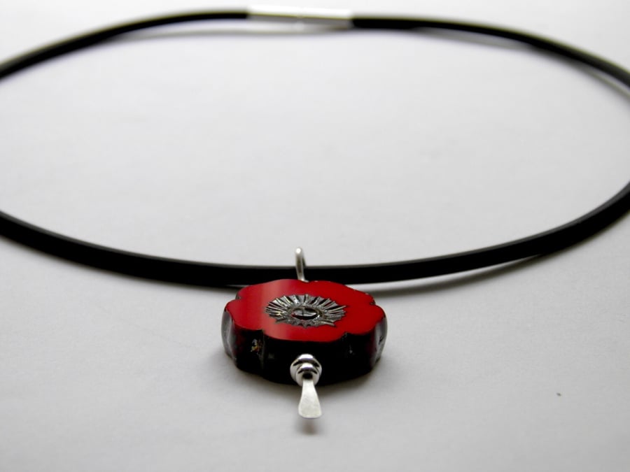 Red Poppy Necklace Sterling Silver Necklace Flower Necklace Rubber Necklace