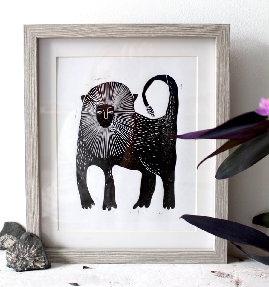 Original Little lion linocut print art