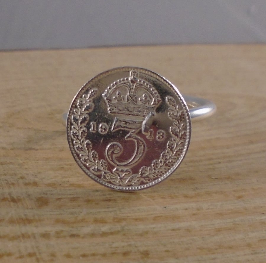 Sterling Silver Upcycled Threepence Adjustable Ring