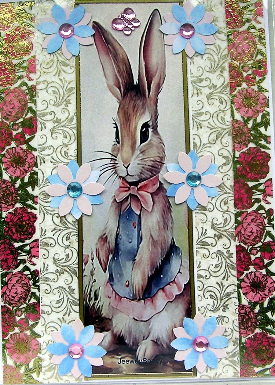 Rabbit - Hand Crafted Decoupage Greeting Card - Blank (3148)