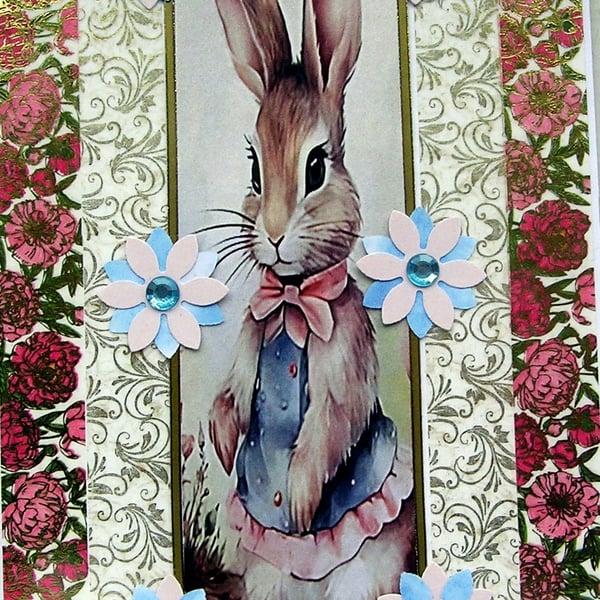 Rabbit - Hand Crafted Decoupage Greeting Card - Blank (3148)