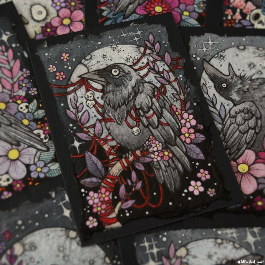 blossom crow - original aceo illustration