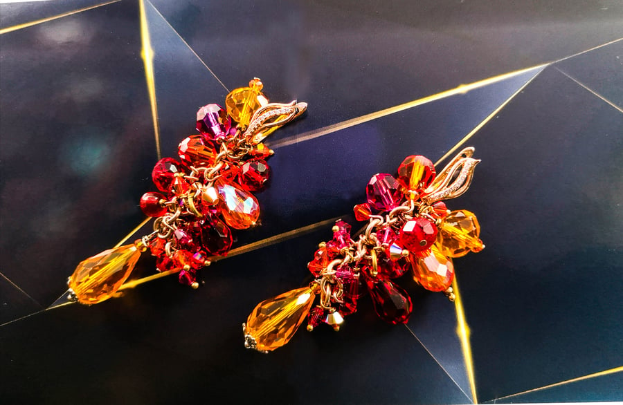 Swarovski crystal Red and Orange cluster earrings