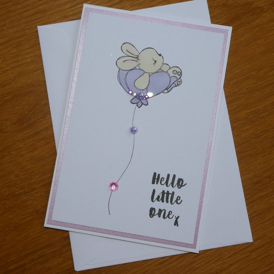 Baby Girl Card - Bunny in Pink and Lilac Flower