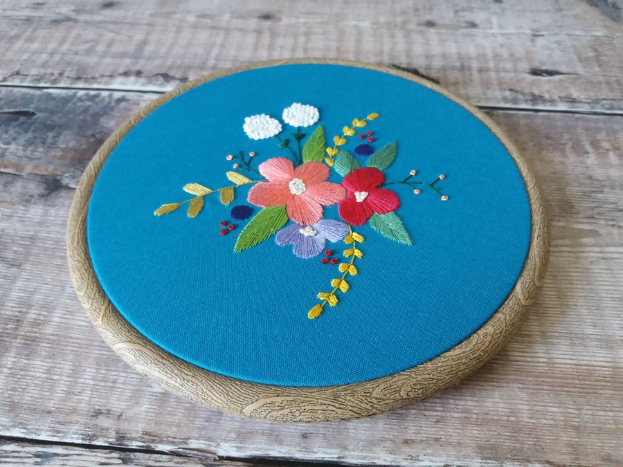 Teal Floral Embroidery Hoop Art - Floral Wall Art - Gifts For Her