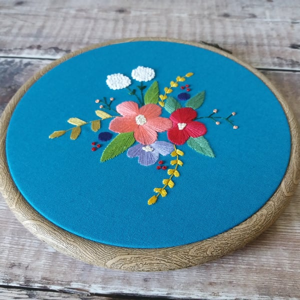 Teal Floral Embroidery Hoop Art - Floral Wall Art - Gifts For Her