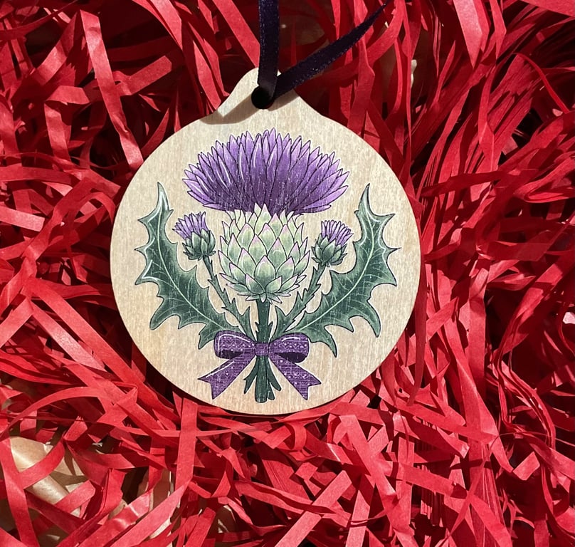Scottish Thistle Wooden Hanging Decoration – Purple Thistle Christmas Ornament, 