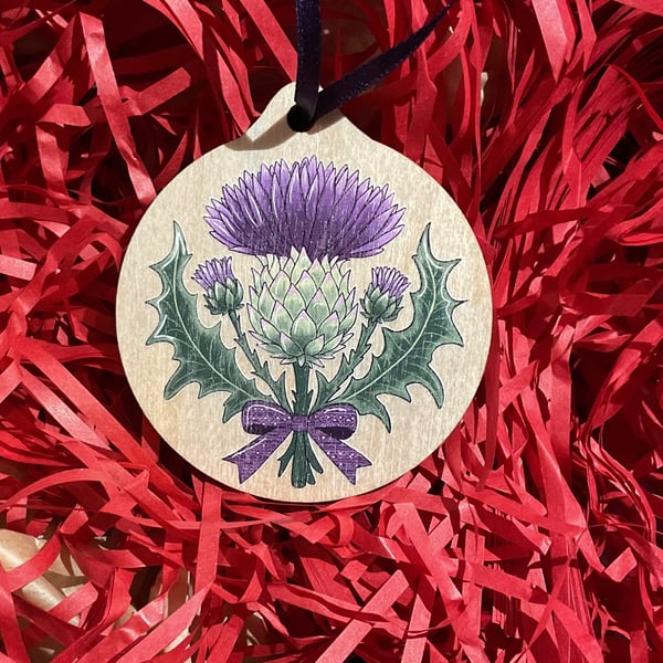 Scottish Thistle Wooden Hanging Decoration – Purple Thistle Christmas Ornament, 