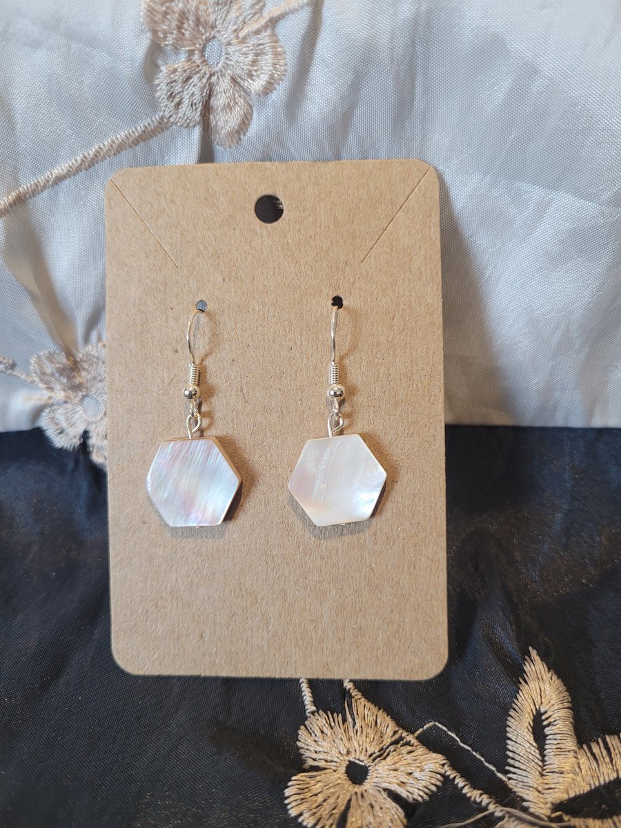 S925 Sterling Silver Earrings - White Cream Hexagons Type 1