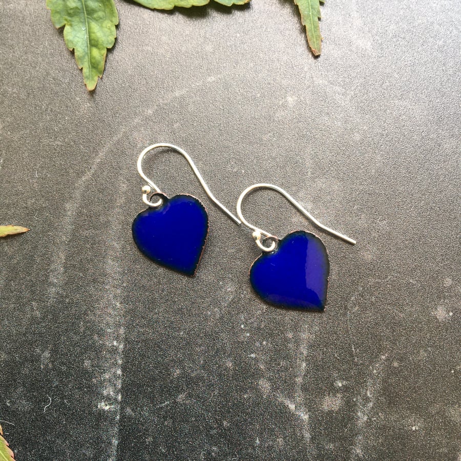 Cobalt Blue Enamelled Copper Hearts & Sterling Silver Earrings