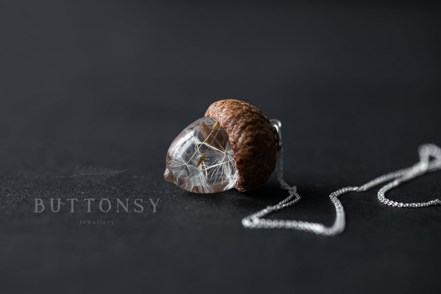 Real Dandelion Wish Real Acorn "Dandecorn" Necklace - Sterling Silver