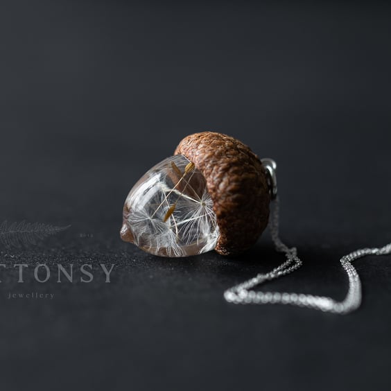 Real Dandelion Wish Real Acorn "Dandecorn" Necklace - Sterling Silver