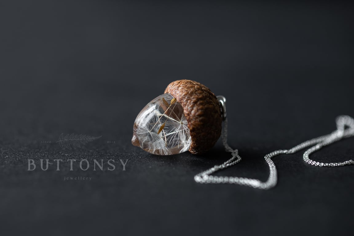 Real Dandelion Wish Real Acorn "Dandecorn" Necklace - Sterling Silver